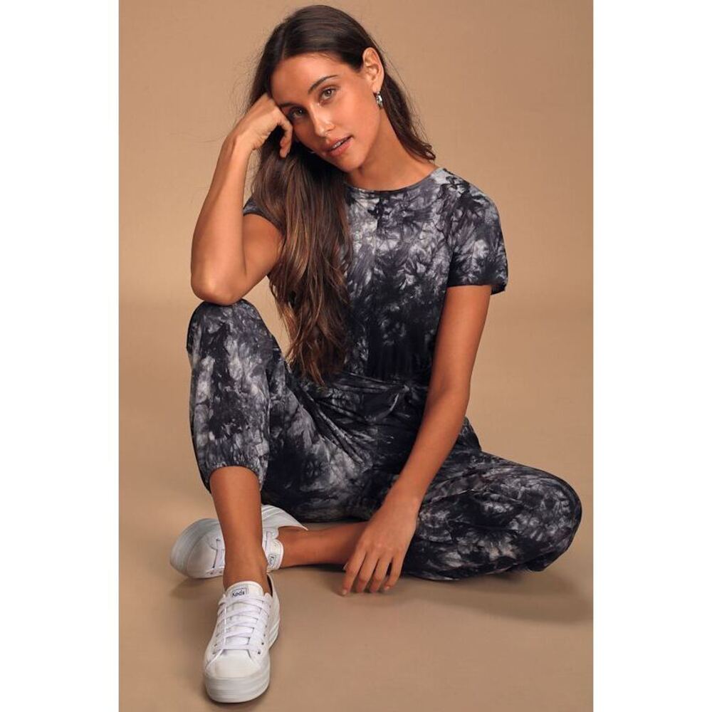 Lulus On A Road Trip Navy Blue Tie-dye Short Sleeve Jumpsuit - Size L